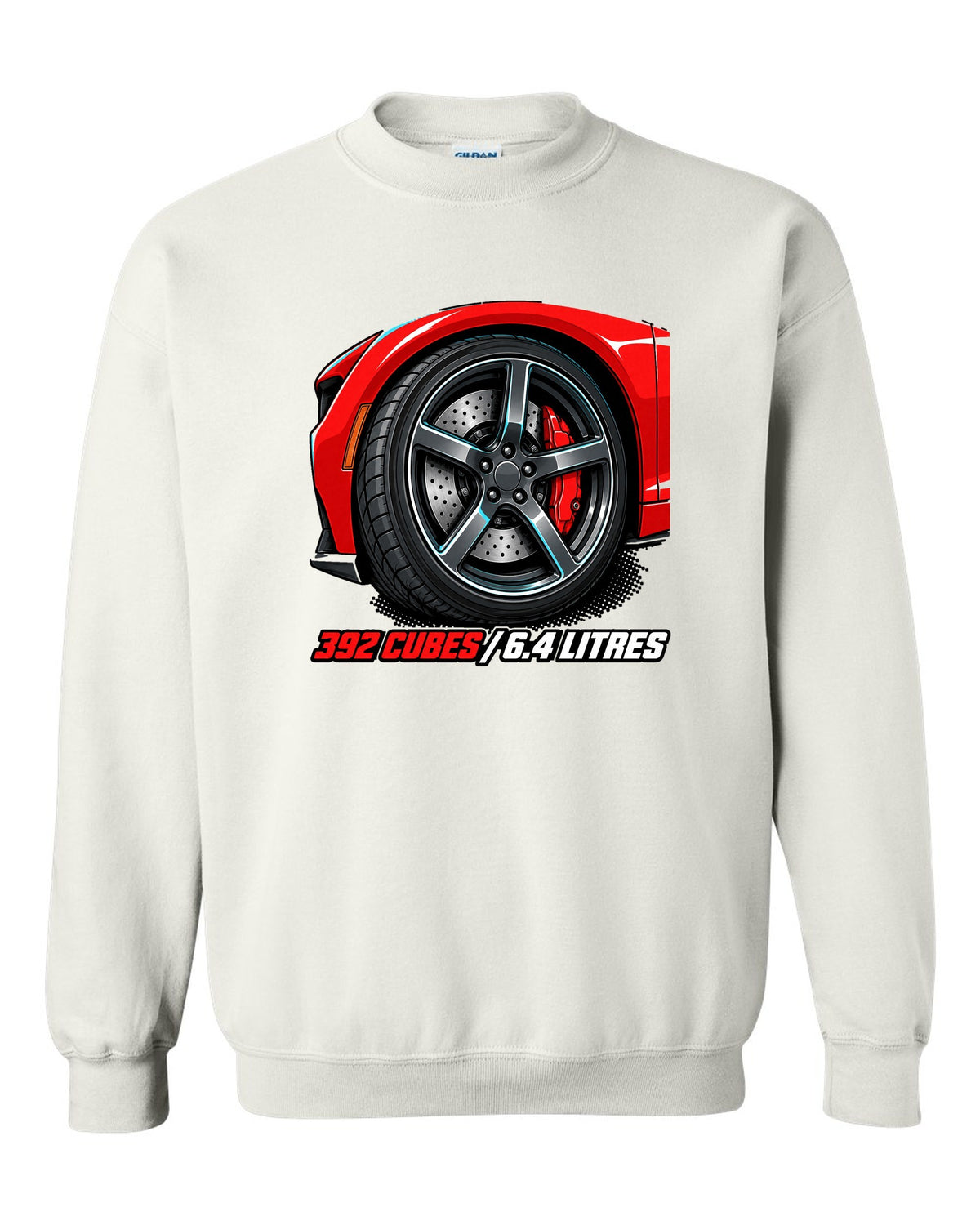 Bold monoline print with halftone shadow of a 2018 Dodge Challenger SRT 392 white crewneck front view with the design