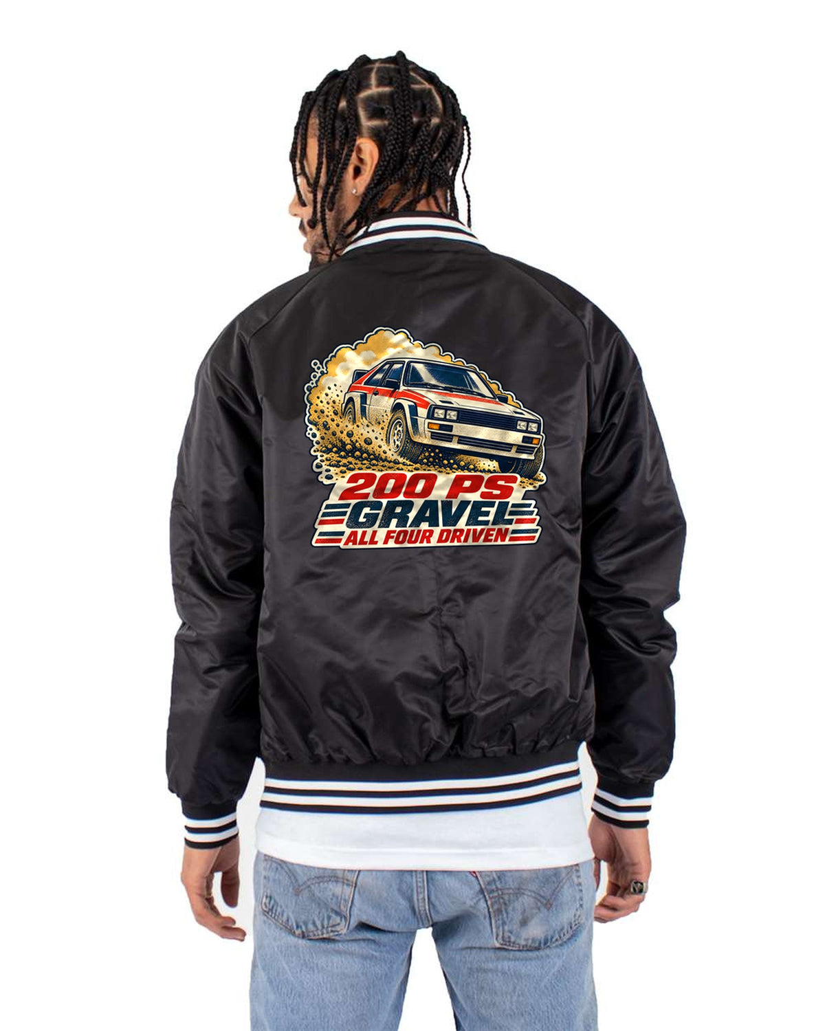Audi Ur-Quattro Type 85 Gravel Rally Poster Screenprint Shirt Bomber Jacket Black back