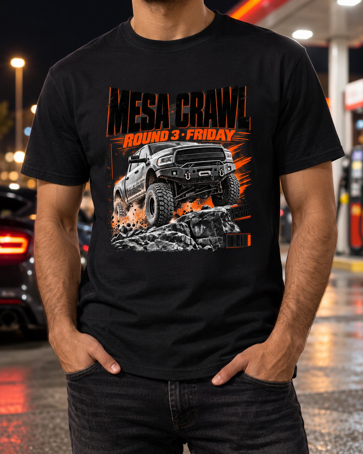 Ram Power Wagon Mesa Crawl Race Poster Tee, Lockers Engaged T-Shirt Black worn hero