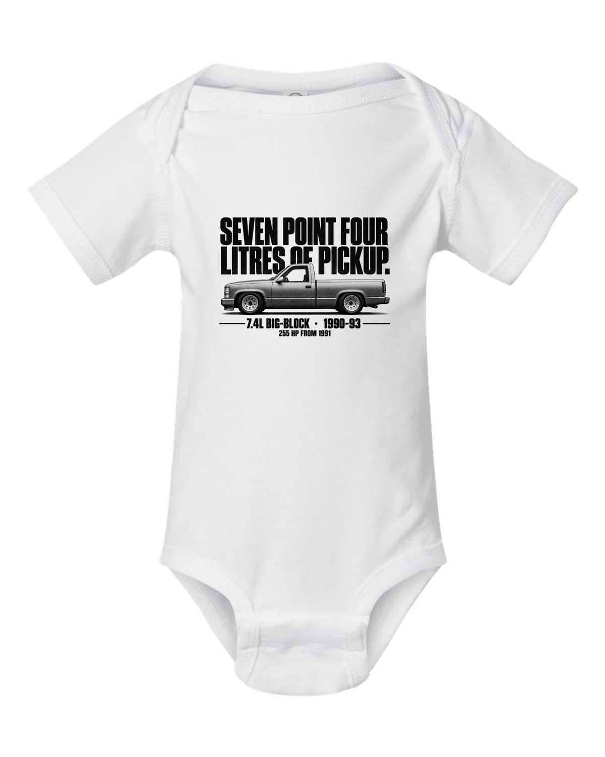 Chevy 454 SS Pickup Halftone Profile white baby onesie front view with the design