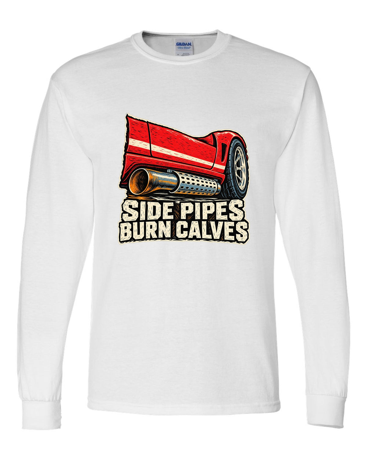 Dodge Viper RT/10 Side Pipe Linocut white long sleeve front view with the design
