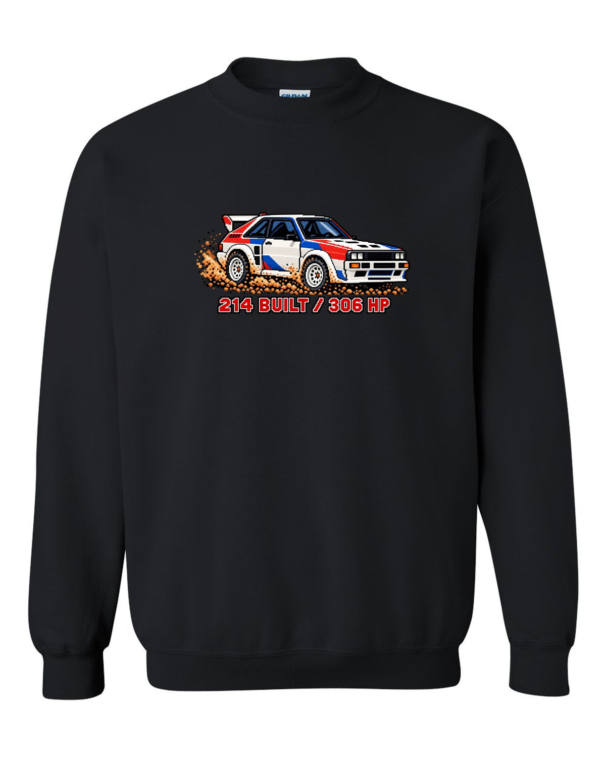 16-bit pixel art print of an Audi Sport Quattro SWB with 214 Built text black crewneck front view with the design