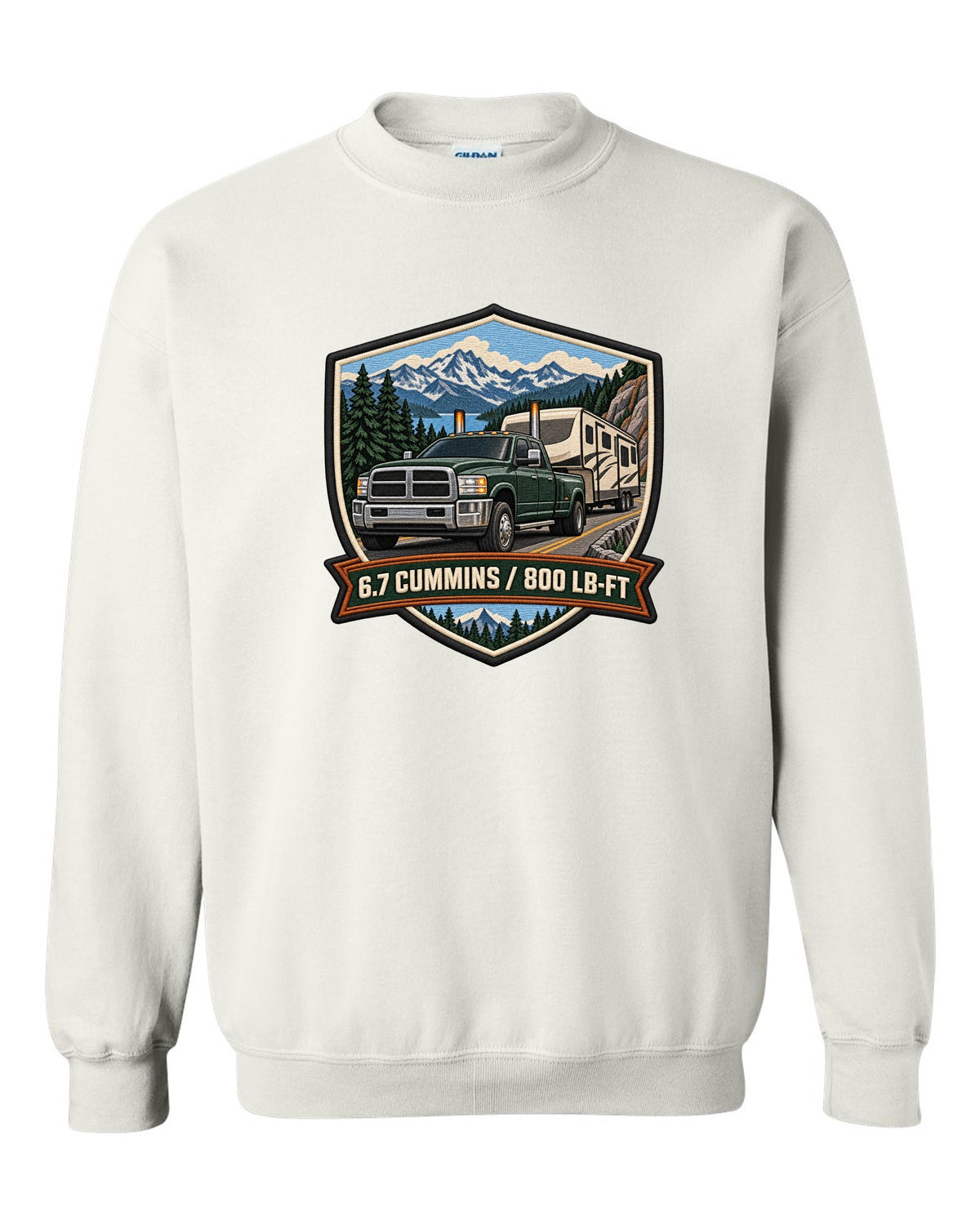 Varsity crest of a 2010-2018 Ram 2500 4th gen towing a camper with 6.7 Cummins 800 LB-FT lettering white crewneck front view with the design