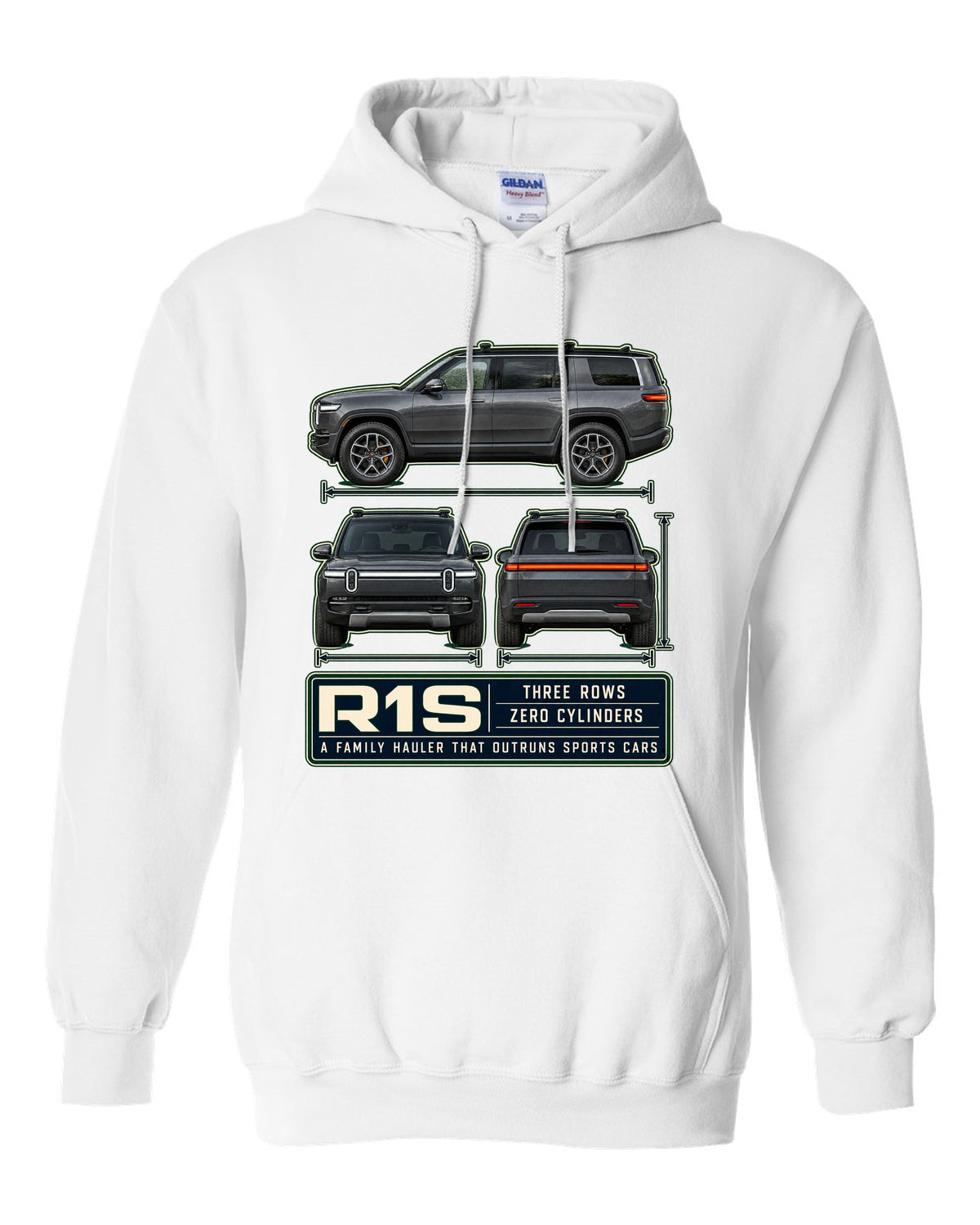 Three-view drawing with spec table print of the Rivian R1S seven-seat electric SUV white pull over hoodie front view with the design