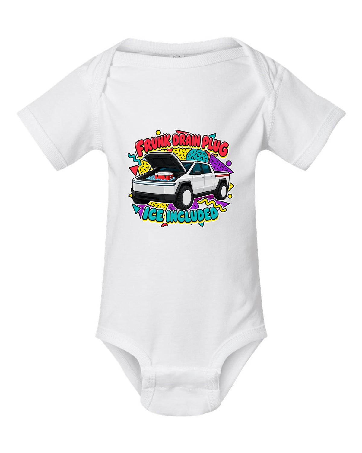 Ford F-150 Lightning retro sticker sheet print about the frunk drain plug and ice white baby onesie front view with the design