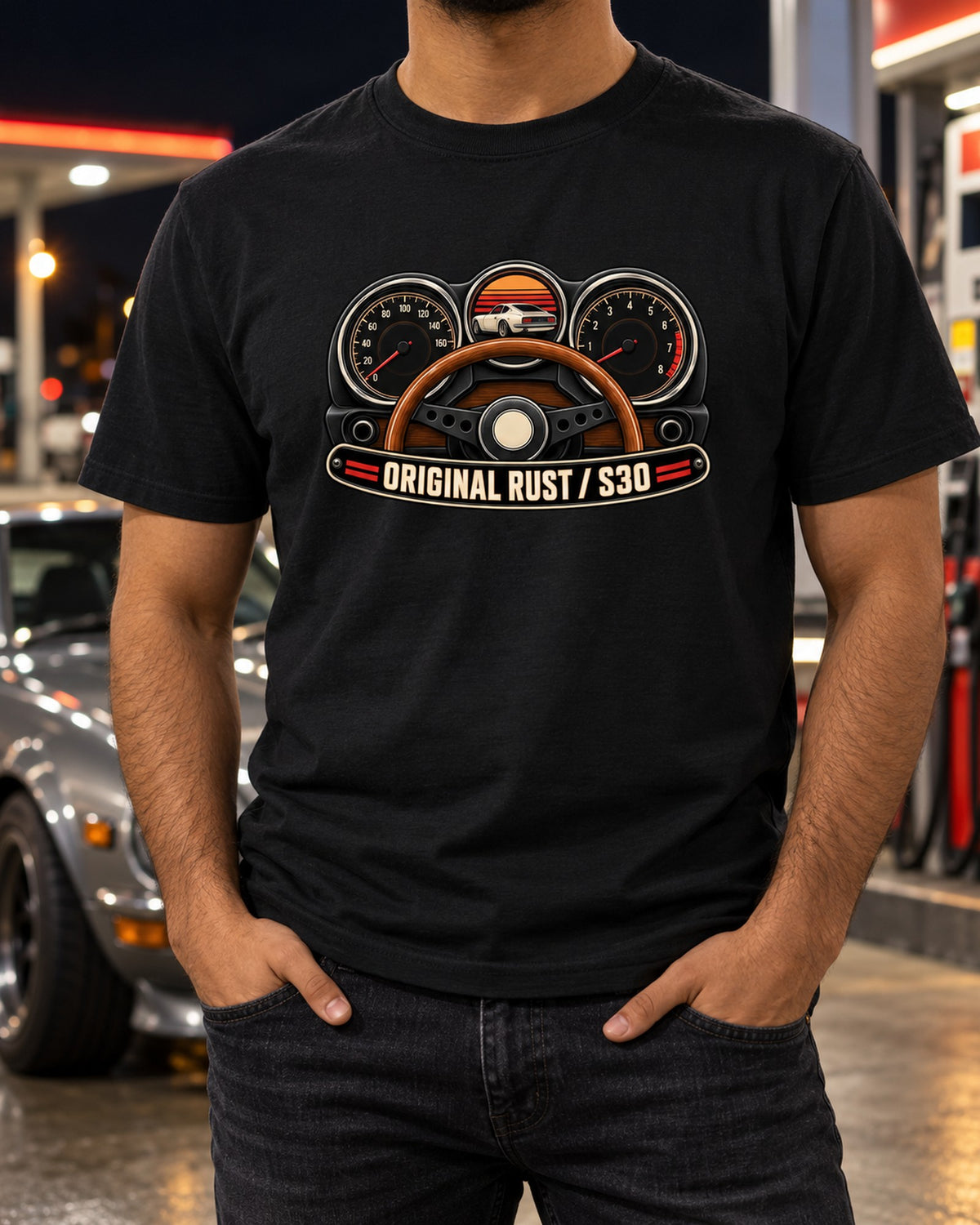 Datsun 240Z S30 Analog Gauge Cluster Shirt, Original Rust T-Shirt Black worn hero