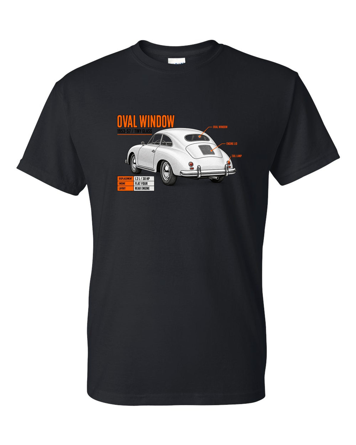 Spec poster print of a VW Beetle oval-window rear three-quarter with 1953-57 text black t-shirt front view with the design
