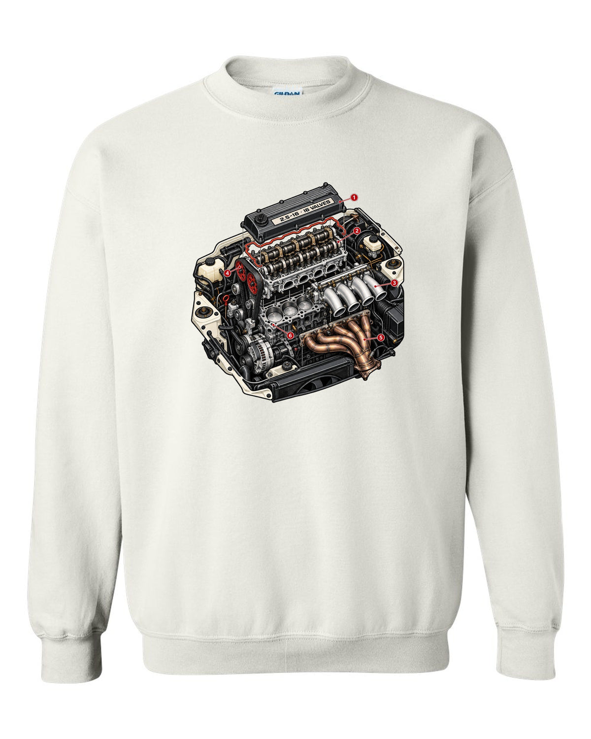 Exploded cutaway engine illustration for a Mercedes 190E 2.5-16 Evo II W201 white crewneck front view with the design