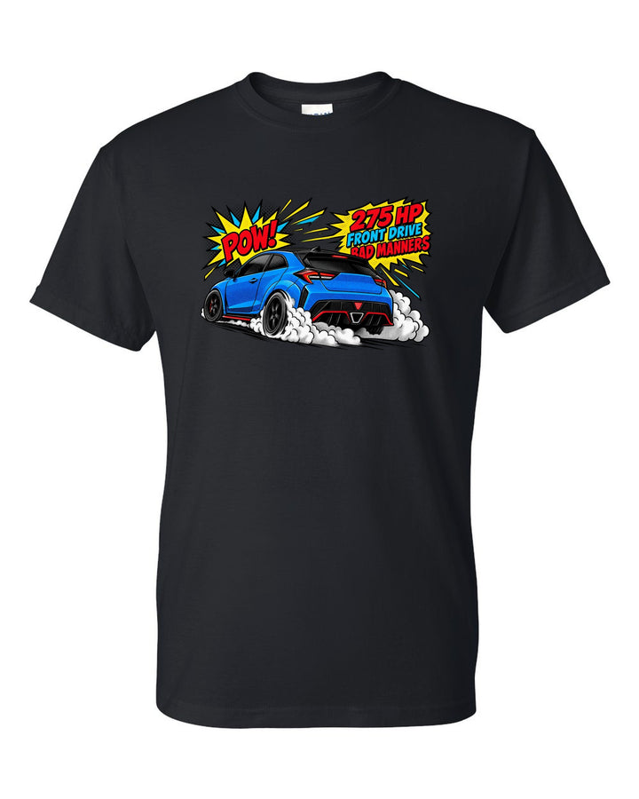 Comic halftone print of a Hyundai Veloster N JS burnout with 275 HP front drive bad manners text black t-shirt front view with the design