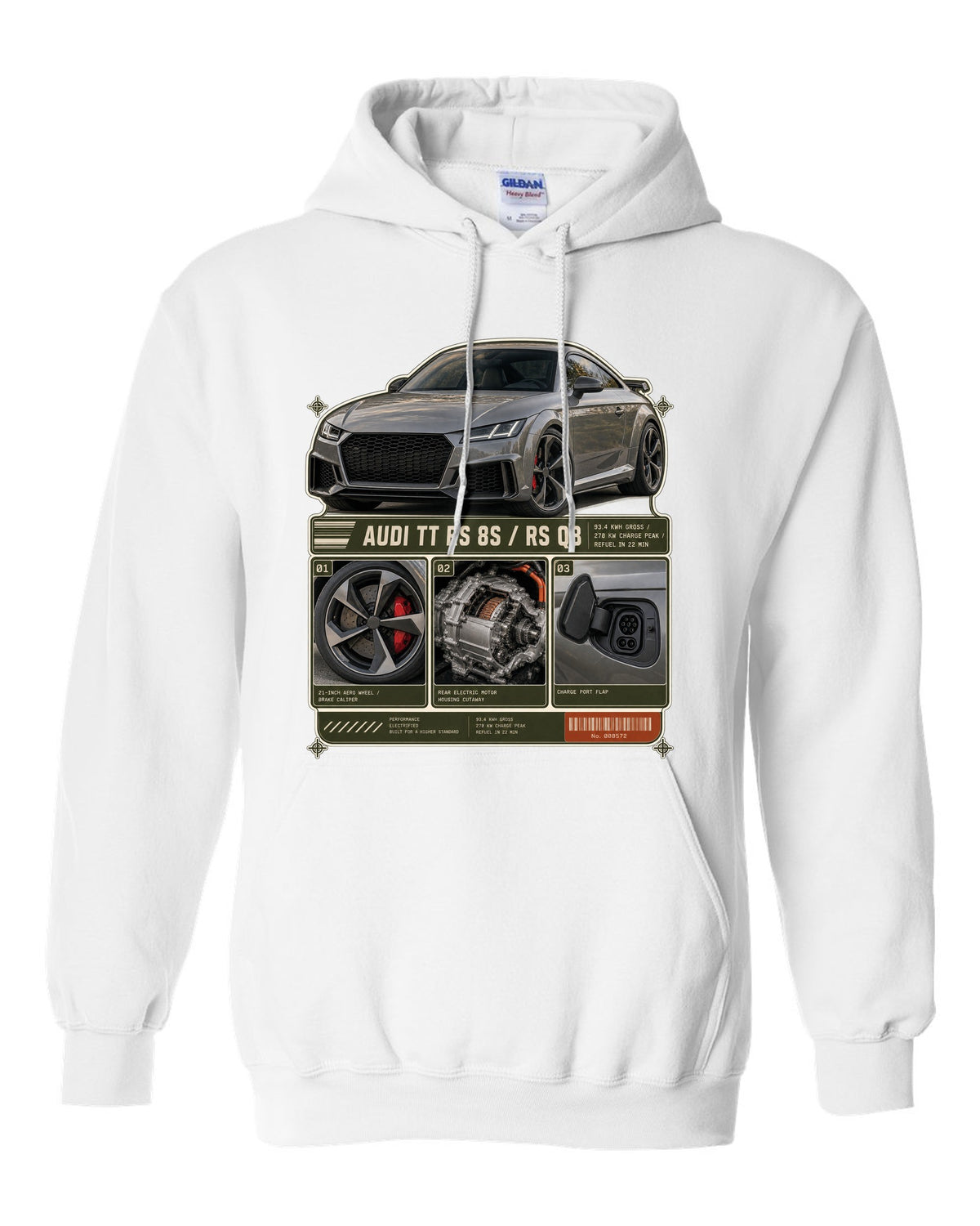 Audi RS e-tron GT dossier panels with wheel, motor and charge port print design white pull over hoodie front view with the design