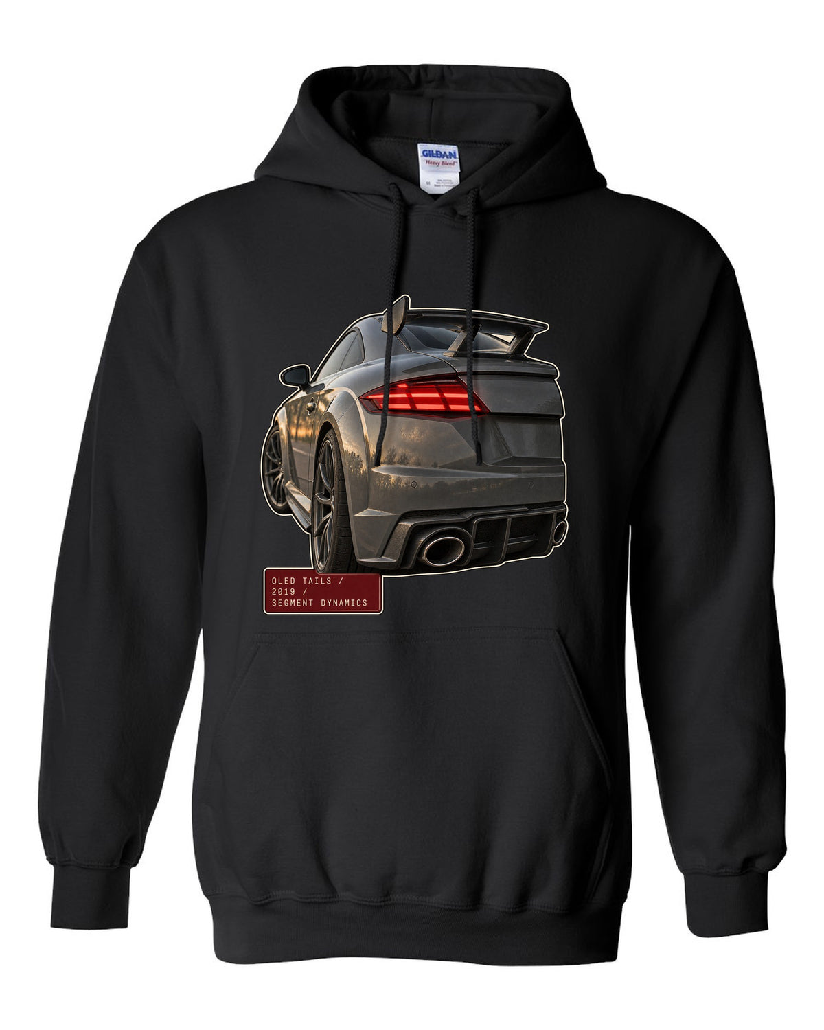 Audi TT RS facelift OLED taillight macro print black pull over hoodie front view with the design
