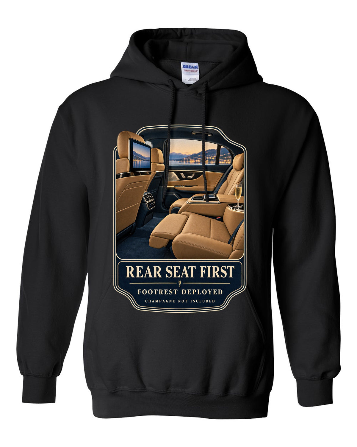 print of the Mercedes-Maybach S680 rear executive cabin with footrest deployed black pull over hoodie front view with the design