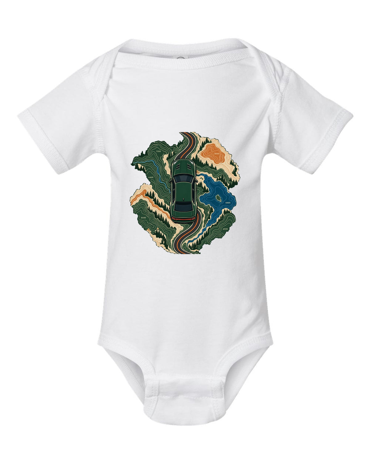 Topographic route map design with a 2019 Dodge Charger Scat Pack and 392 HEMI caption white baby onesie front view with the design