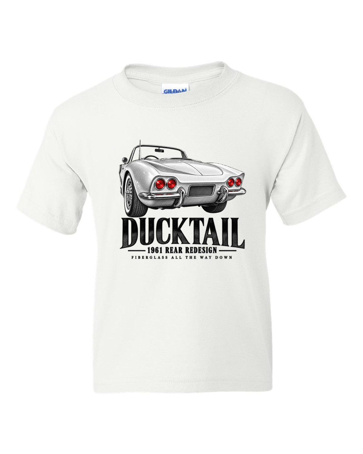 Chevrolet Corvette C1 1961 rear ducktail detail print white kids tee front view with the design