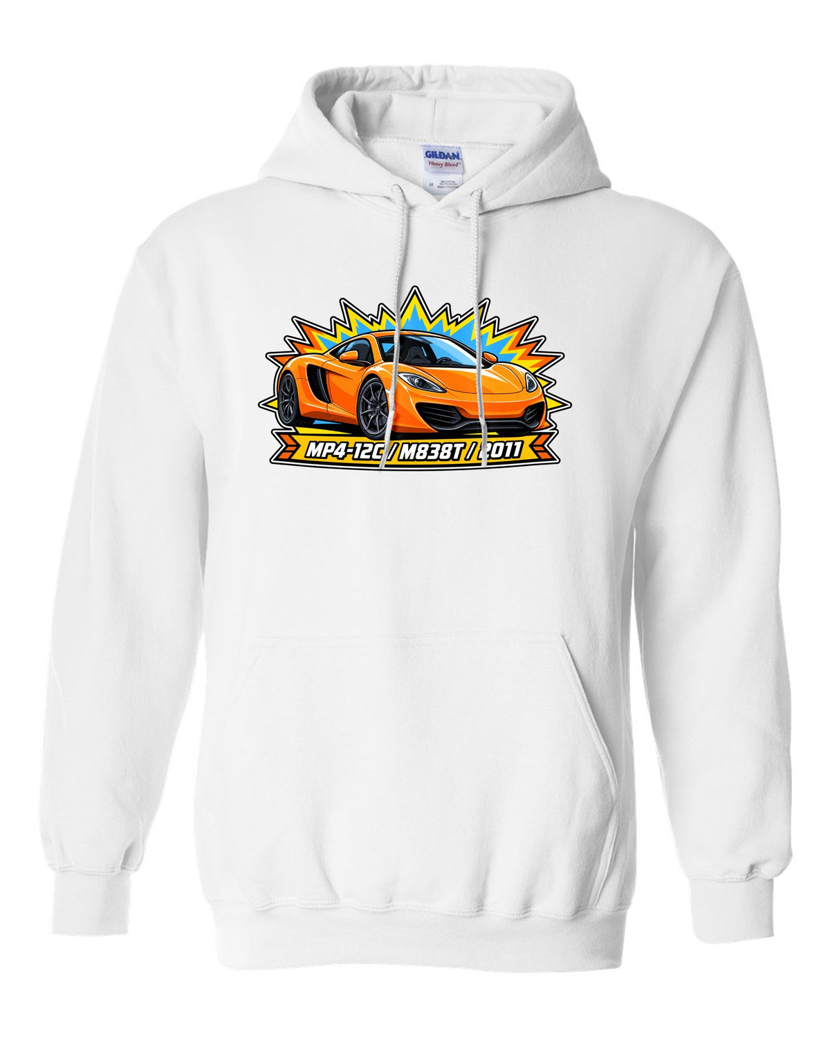 Toy blister card print of a McLaren 12C with MP4-12C, M838T and 2011 lettering white pull over hoodie front view with the design