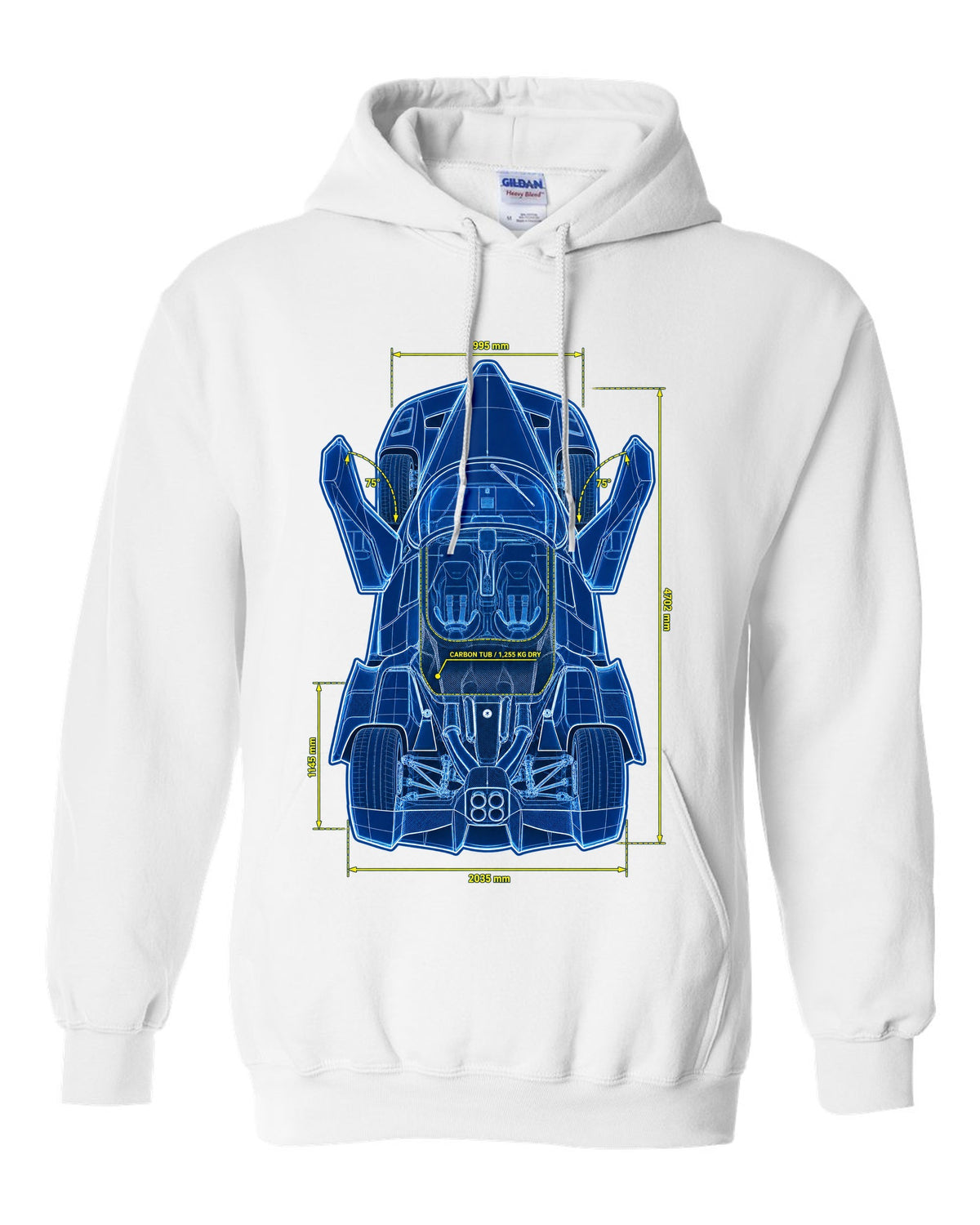 Technical top-plan blueprint print of a 2002 Ferrari Enzo F140 with carbon tub and 1,255 KG dry text white pull over hoodie front view with the design