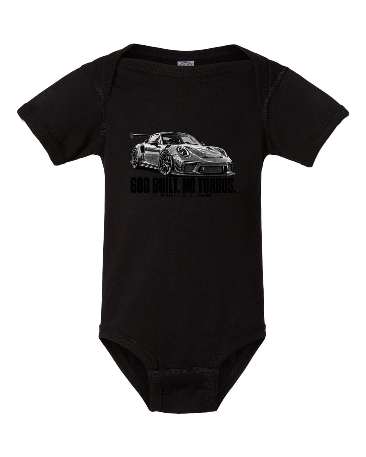 Halftone print of a Porsche 911 997 GT3 RS 4.0 with 600 built and 8,500 rpm lettering black baby onesie front view with the design