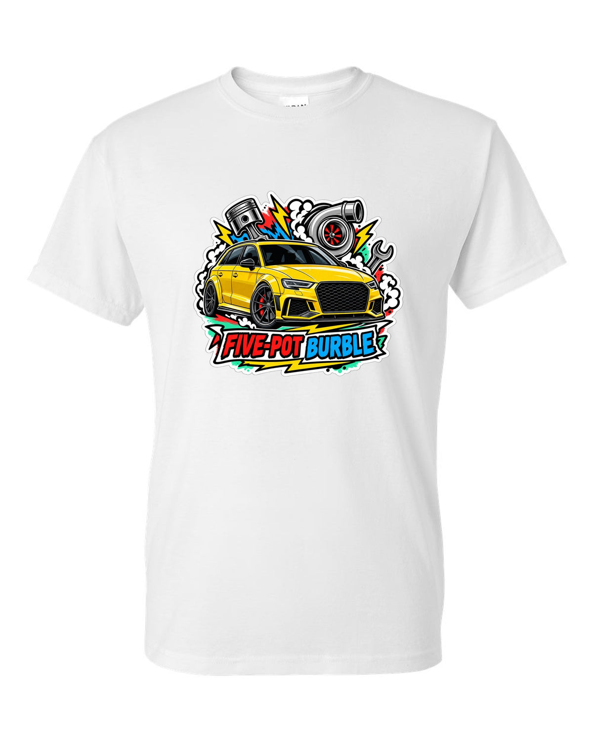 Sticker bomb collage print of an Audi RS3 8V with five-pot burble text white t-shirt front view with the design