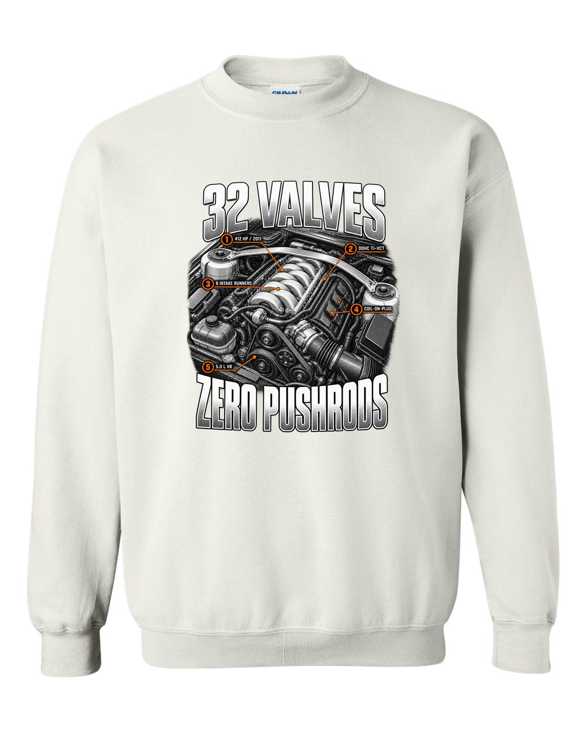 Engine hero print of a Ford Mustang S197 GT 5.0 Coyote engine, 2011-14 white crewneck front view with the design