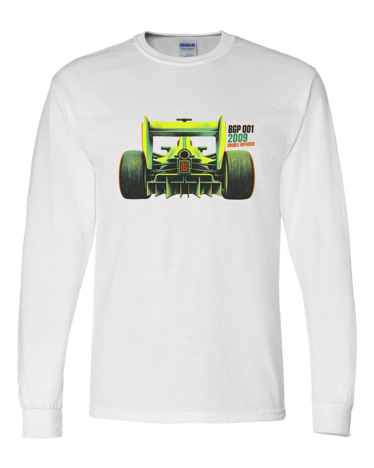 Risograph style Brawn BGP 001 Formula 1 car with double diffuser lettering white long sleeve front view with the design