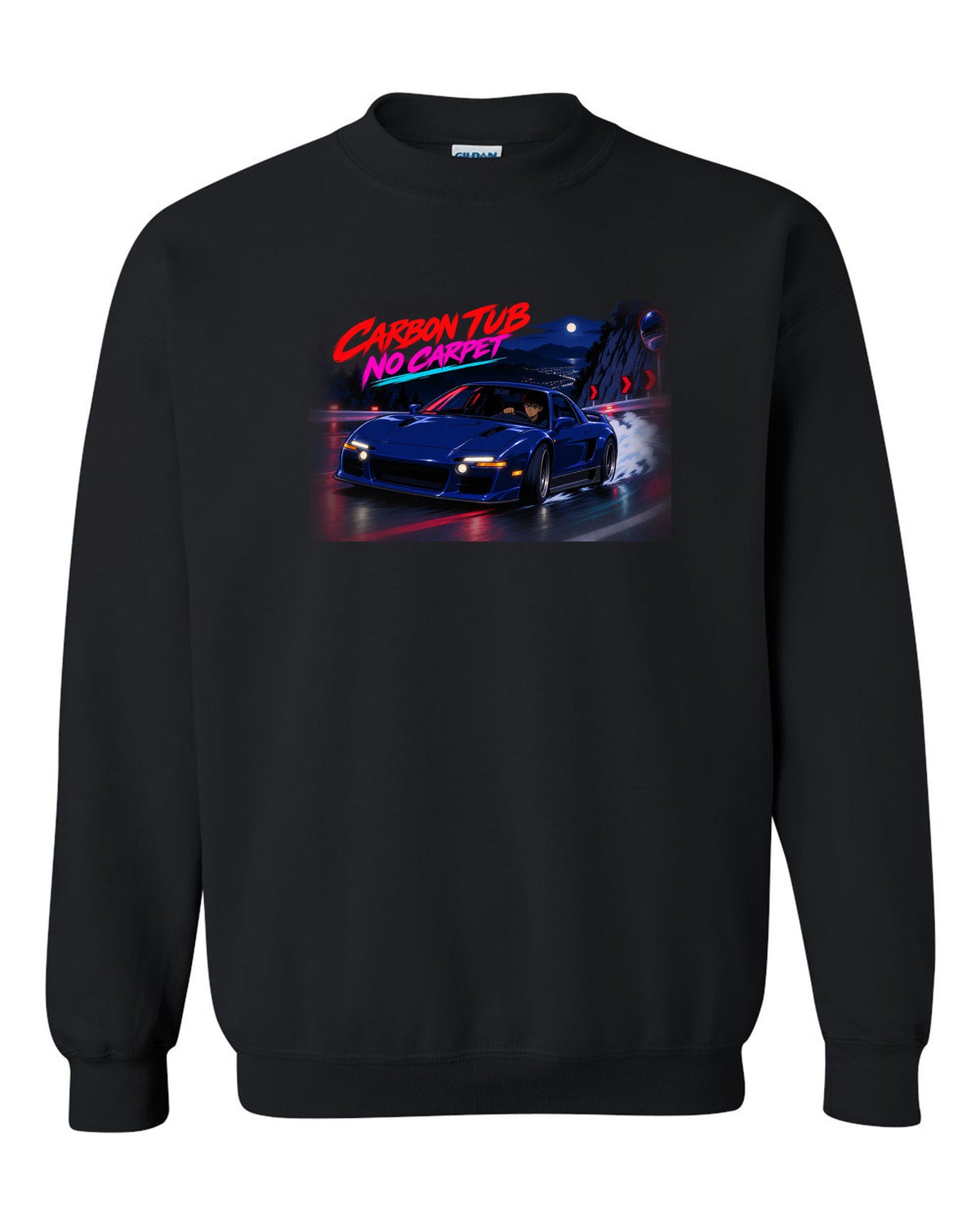 Cel-shaded anime night touge scene with an Alfa Romeo 4C and carbon tub no carpet text black crewneck front view with the design