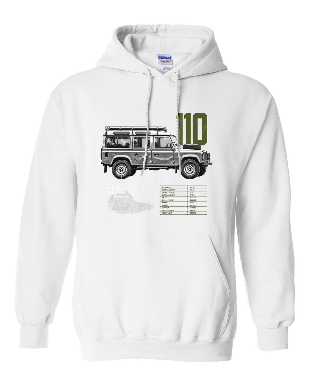 Land Rover Defender 110 spec poster print with 300 Tdi 1994 text white pull over hoodie front view with the design