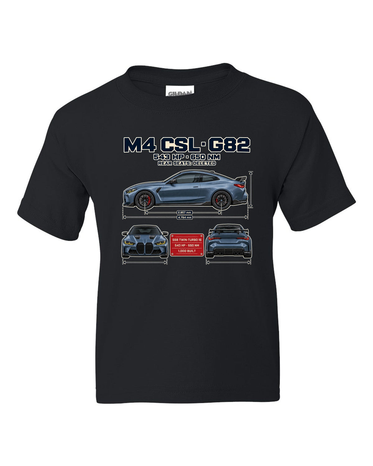 BMW M4 CSL G82 three-view spec table print black kids tee front view with the design