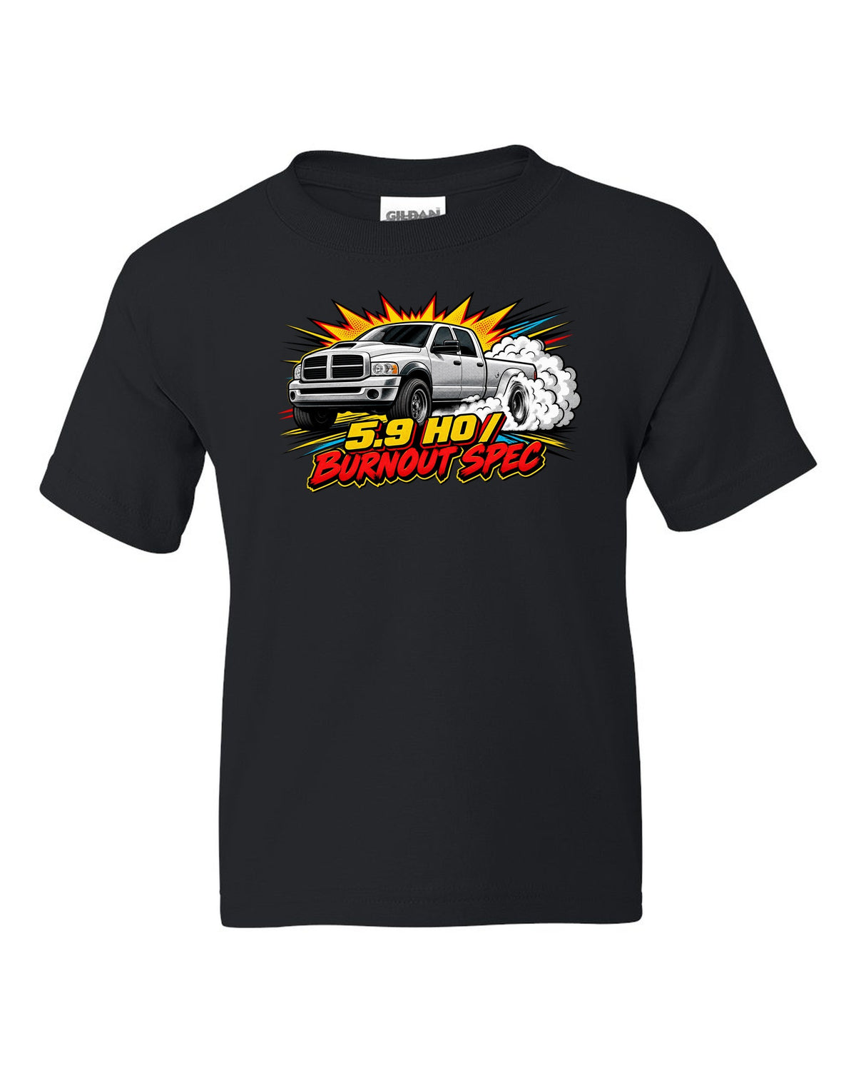 Comic halftone pop-art of a 2003-2009 Dodge Ram 3rd gen 5.9 HO with the words Burnout Spec black kids tee front view with the design