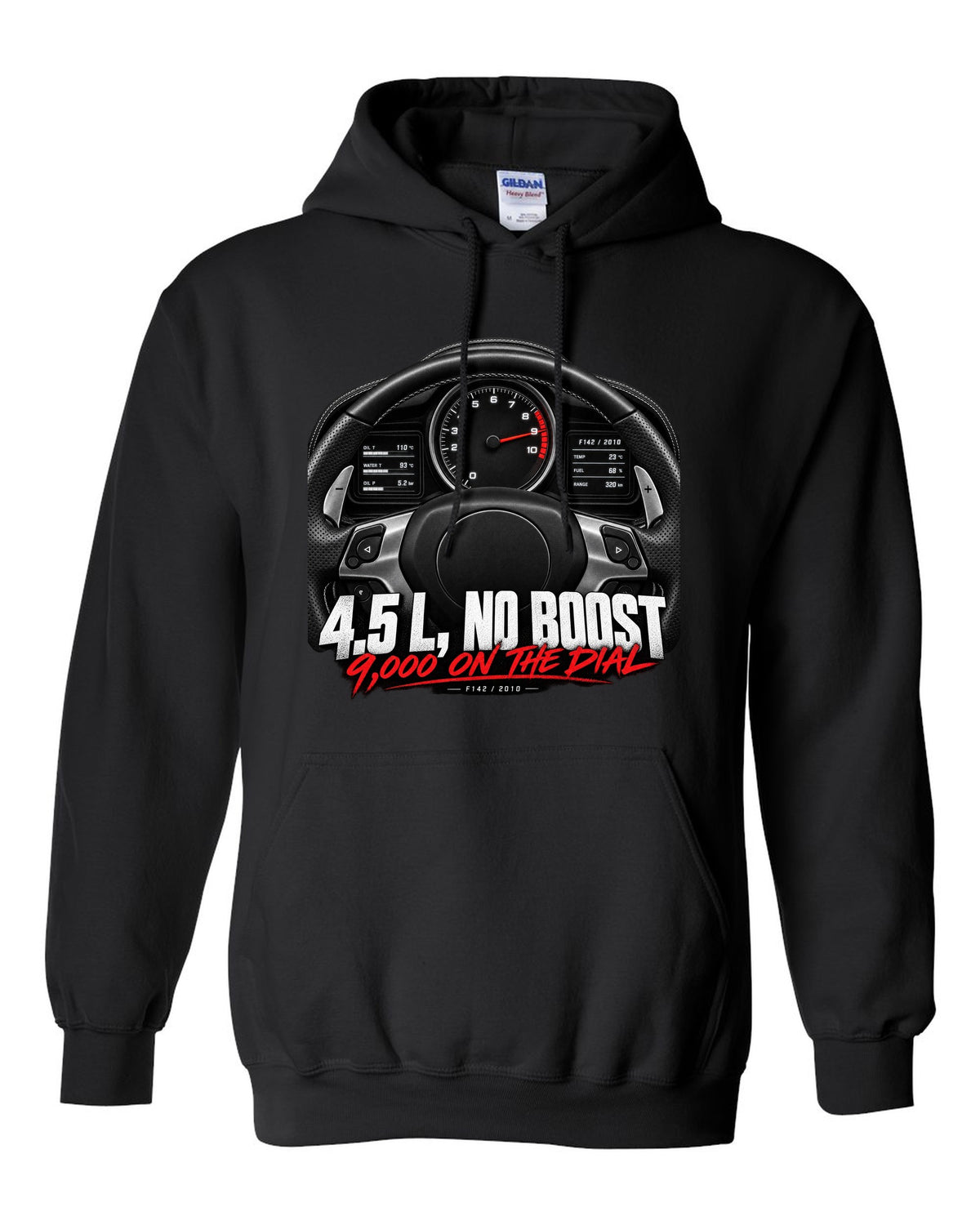 Cockpit gauge print of a Ferrari 458 Italia instrument cluster with 9,000 on the dial black pull over hoodie front view with the design