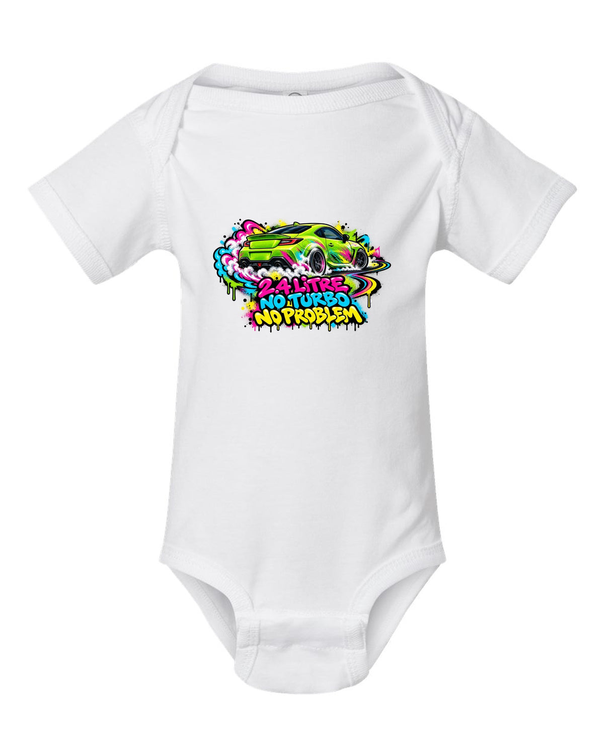 Subaru BRZ ZD8 sideways in front of a graffiti wall, 2.4 LITRE / NO TURBO / NO PROBLEM white baby onesie front view with the design