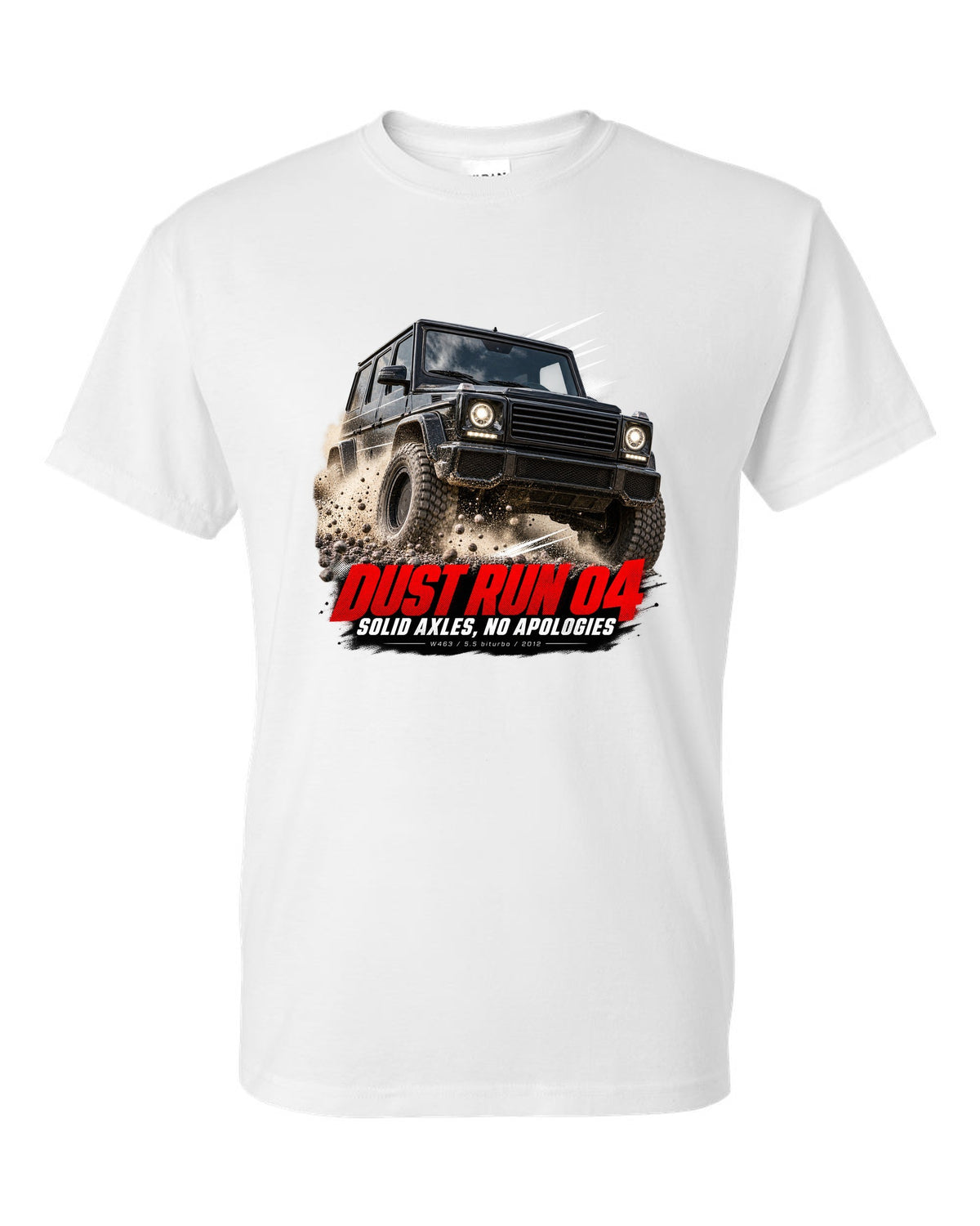 Race poster print of a Mercedes G63 AMG W463 with Dust Run 04 Solid Axles lettering white t-shirt front view with the design