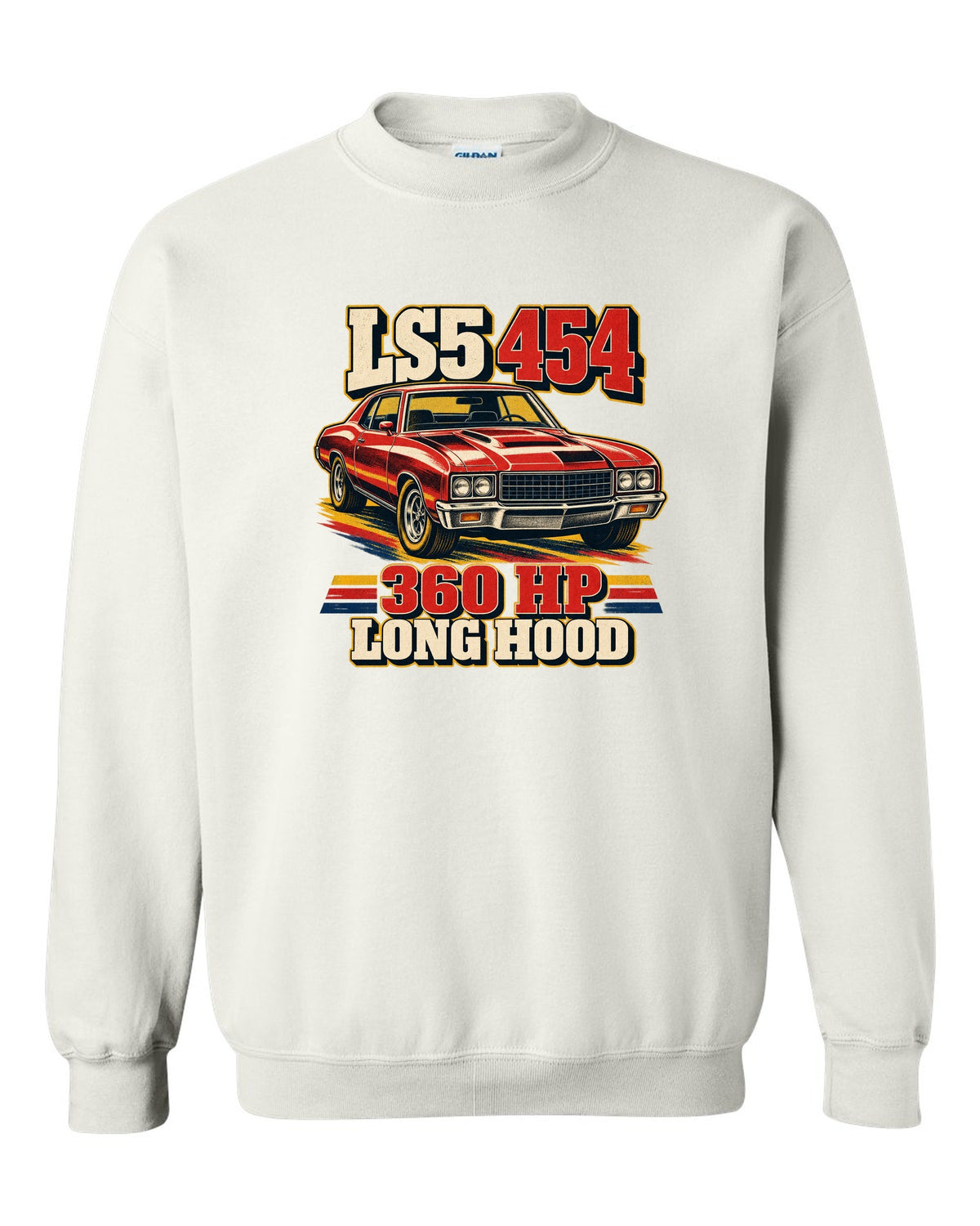 Vintage race poster print of a 1970 Chevrolet Monte Carlo SS 454 with the text LS5 454, 360 HP, Long Hood white crewneck front view with the design