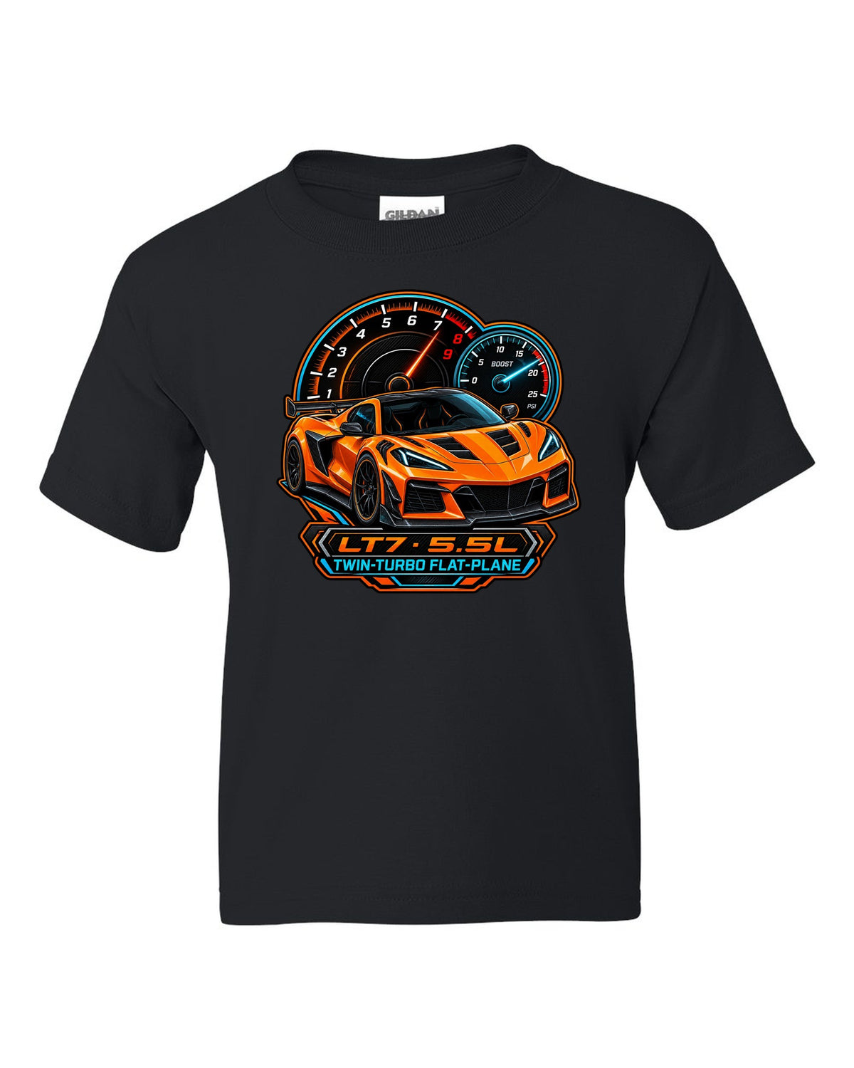 Embroidery-style varsity crest of a 2023 C8 Corvette Z06 with LT7 engine lettering black kids tee front view with the design