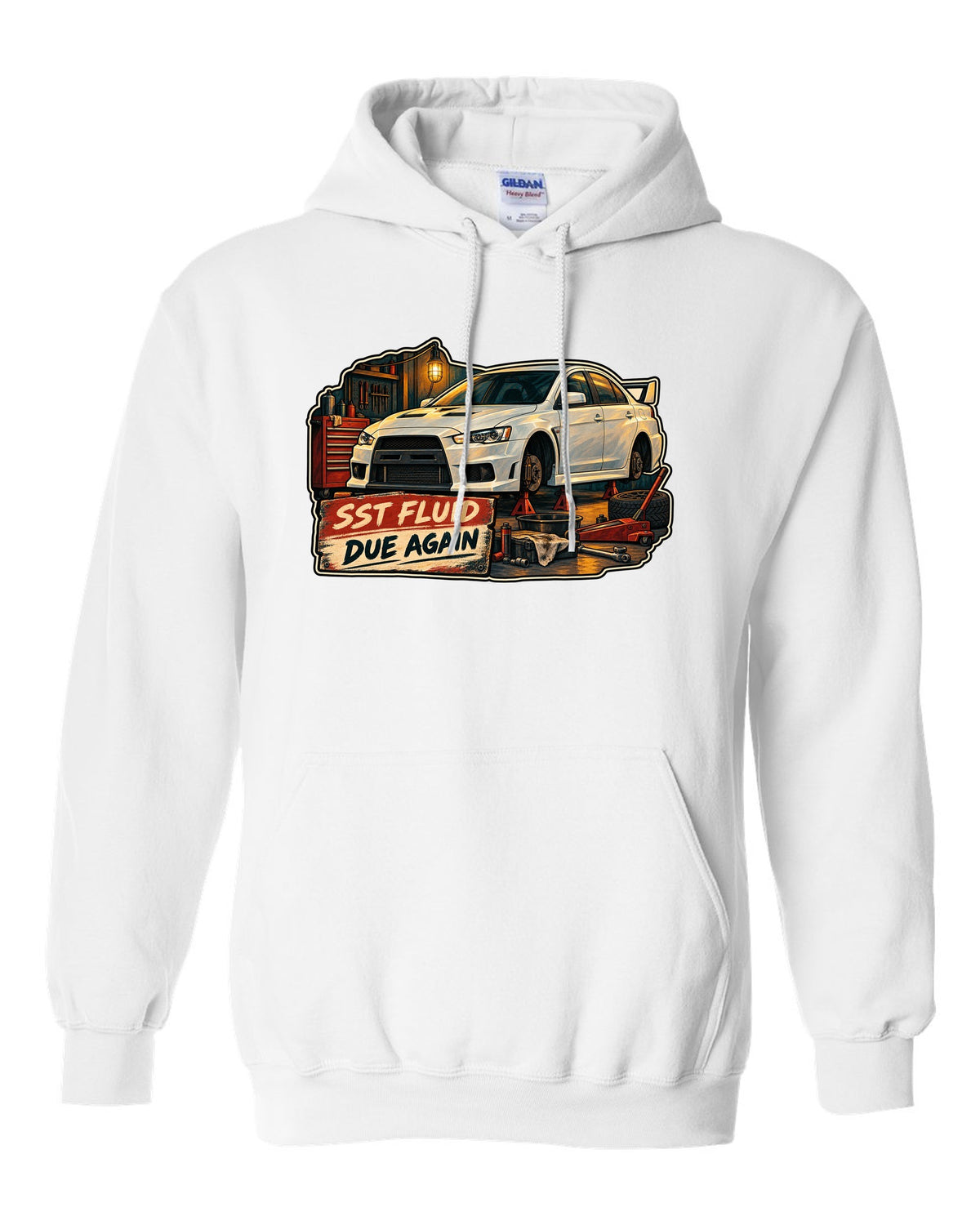 Gouache garage illustration print of the Mitsubishi Evo X CZ4A with SST fluid due again text white pull over hoodie front view with the design