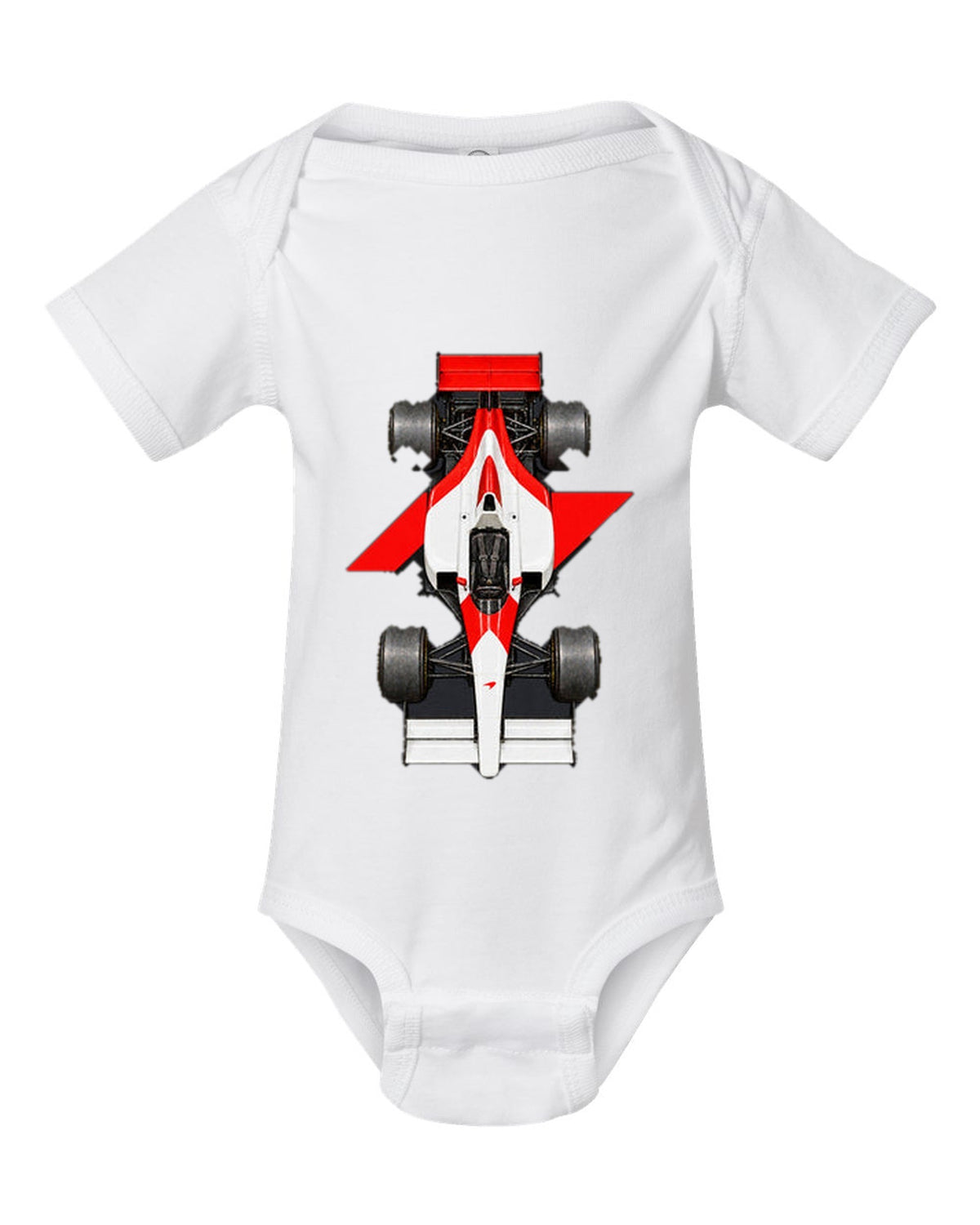 Mclaren MP4 4 1988 Formula 1 overhead poster artwork white baby onesie front view with the design