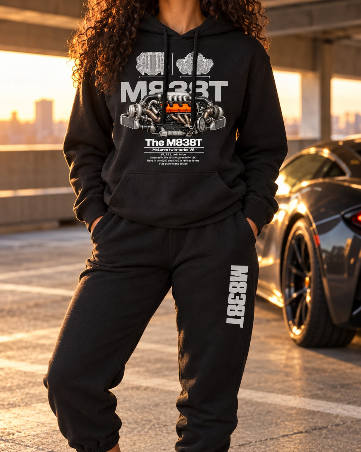 McLaren M838T Engine Hoodie + Jogger Set Black worn hero