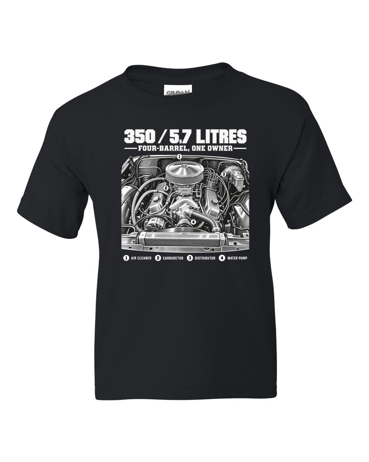 Squarebody C10 350 small block engine diagram with callouts, print black kids tee front view with the design