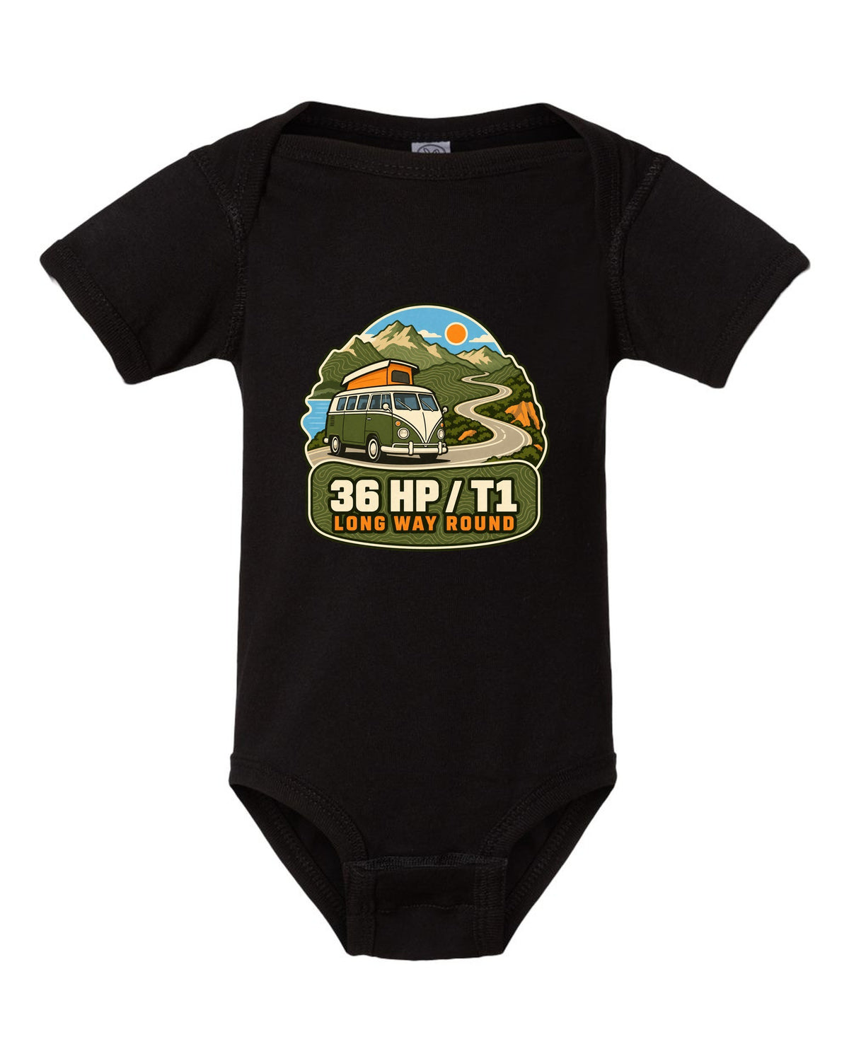 Topographic route map print of a 1962 VW Bus T1 split-window with 36 HP lettering black baby onesie front view with the design