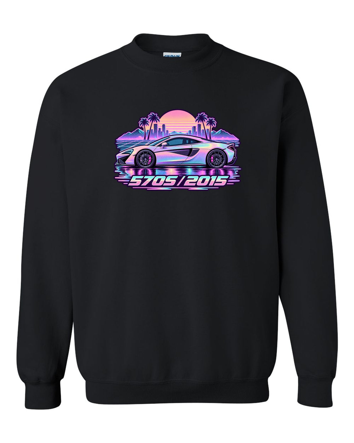 McLaren 570S vaporwave pastel rain print with 570S 2015 lettering black crewneck front view with the design