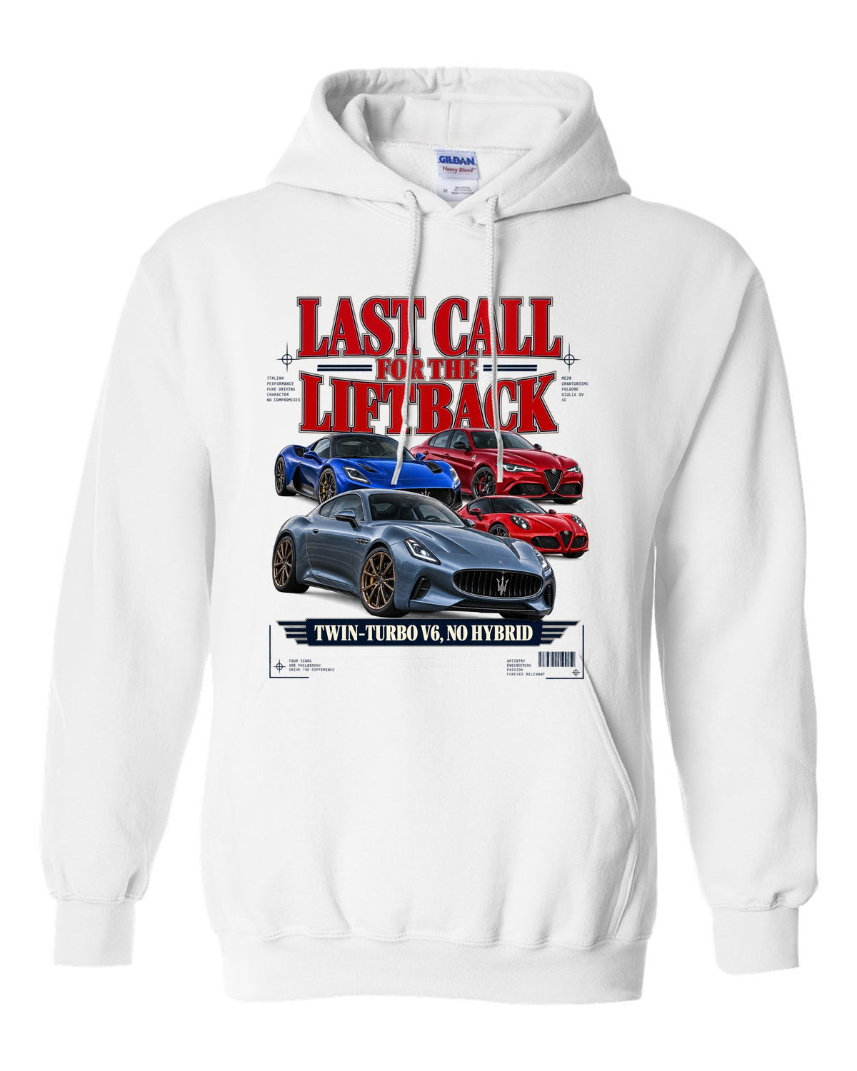Kia Stinger GT final year editorial headline print white pull over hoodie front view with the design