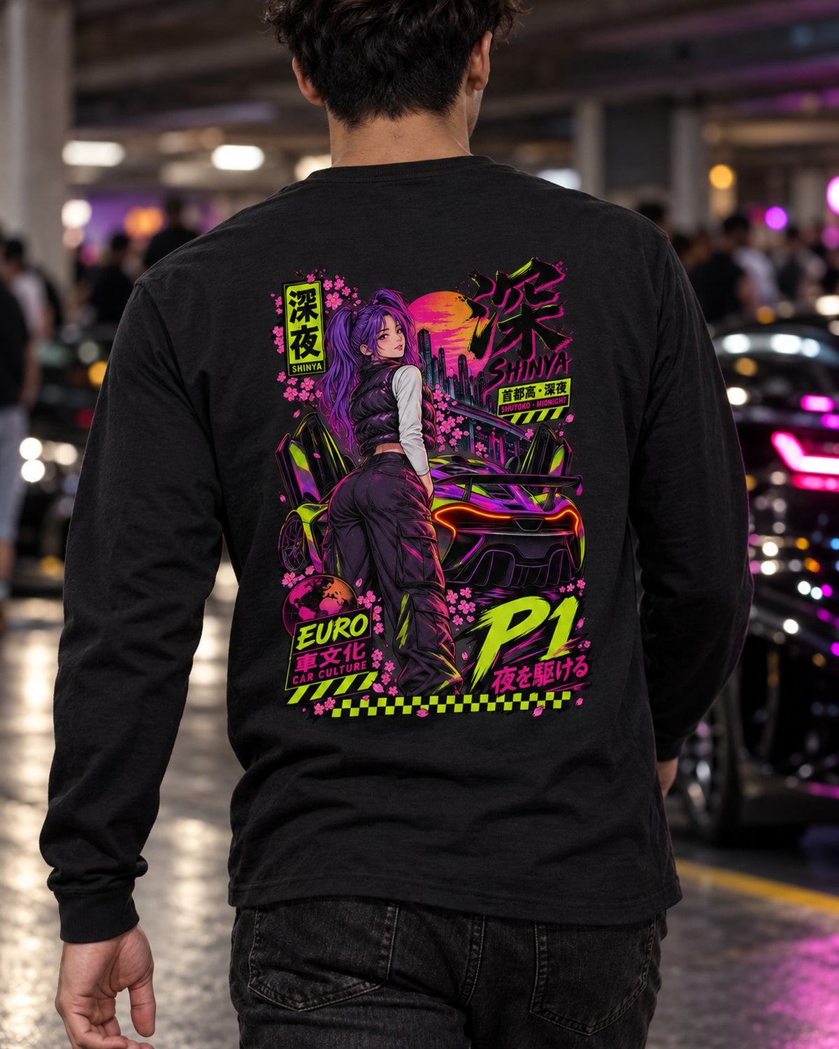 SHINYA P1 Anime Girl Full-Back Graphic Tee Long Sleeve Black worn hero