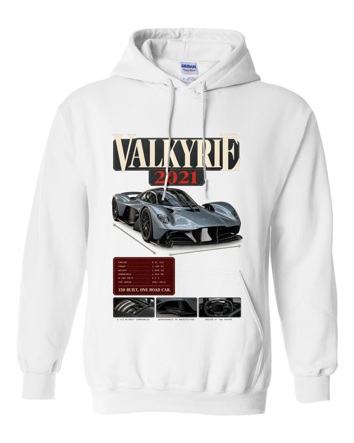 Aston Martin Valkyrie 2021 archive panel print with 150 built one road car text white pull over hoodie front view with the design