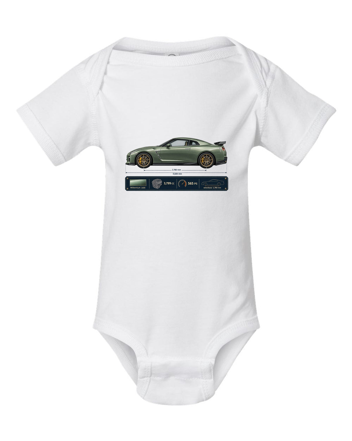 Nissan GT-R R35 T-spec Millennium Jade blueprint print white baby onesie front view with the design