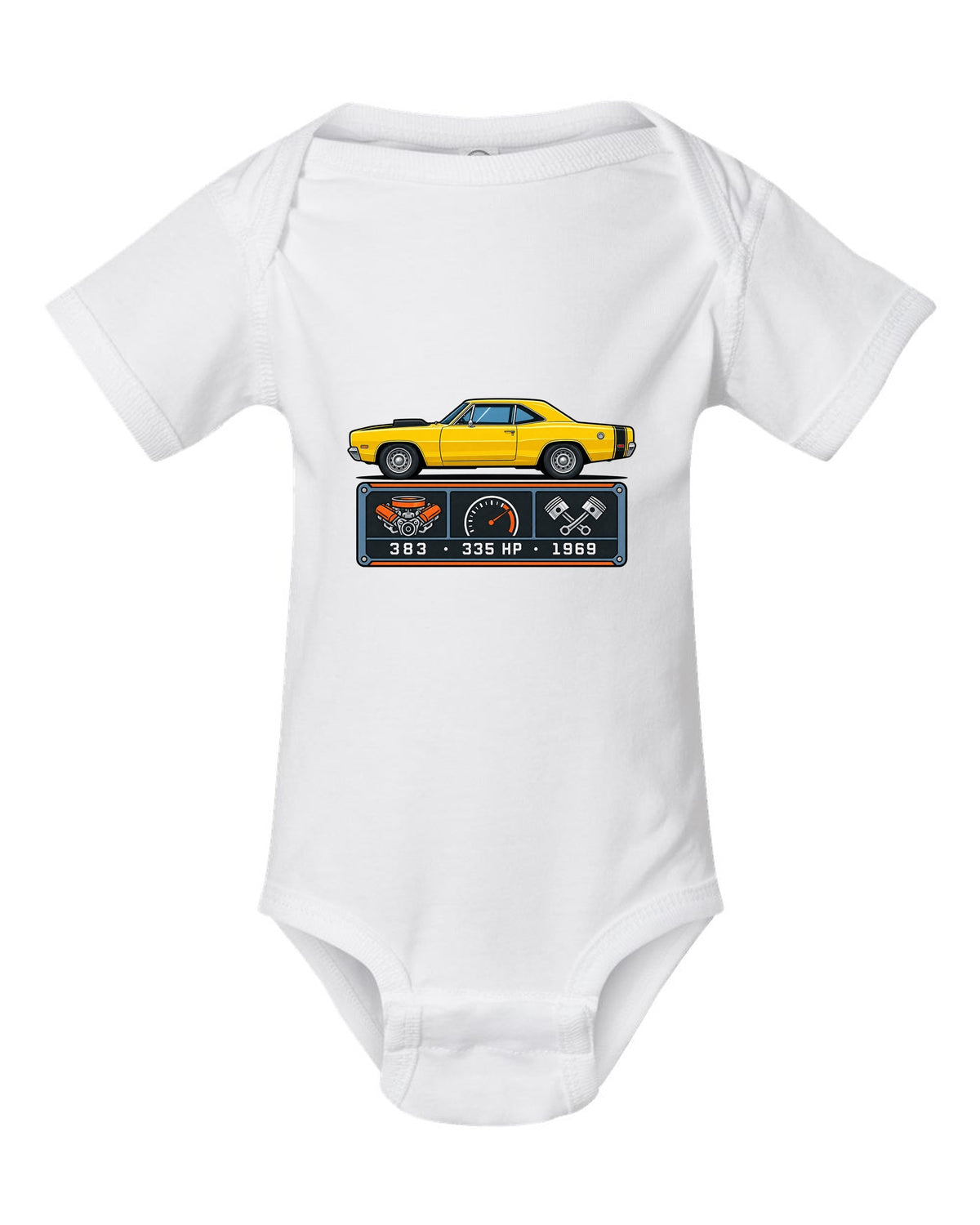 Spec-sheet data plate design for a 1969 Dodge Coronet Super Bee with 383 and 335 HP white baby onesie front view with the design