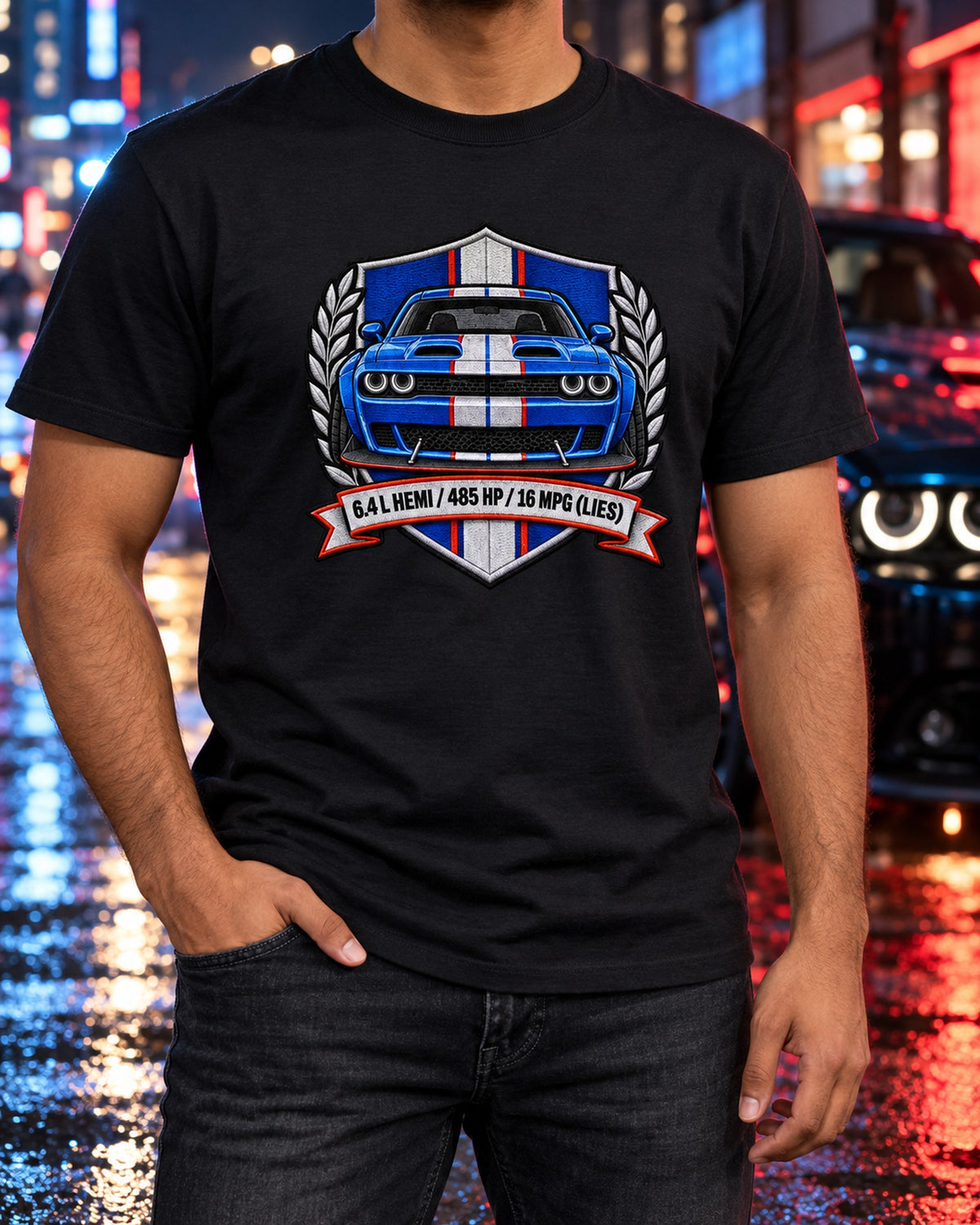 2015 Dodge Challenger Scat Pack 392 Widebody Patch Shirt, 6.4 HEMI T-Shirt Black worn hero