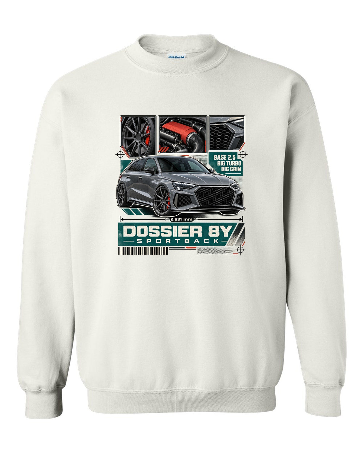 Three-panel dossier of an Audi RS3 8Y Sportback pre-facelift white crewneck front view with the design