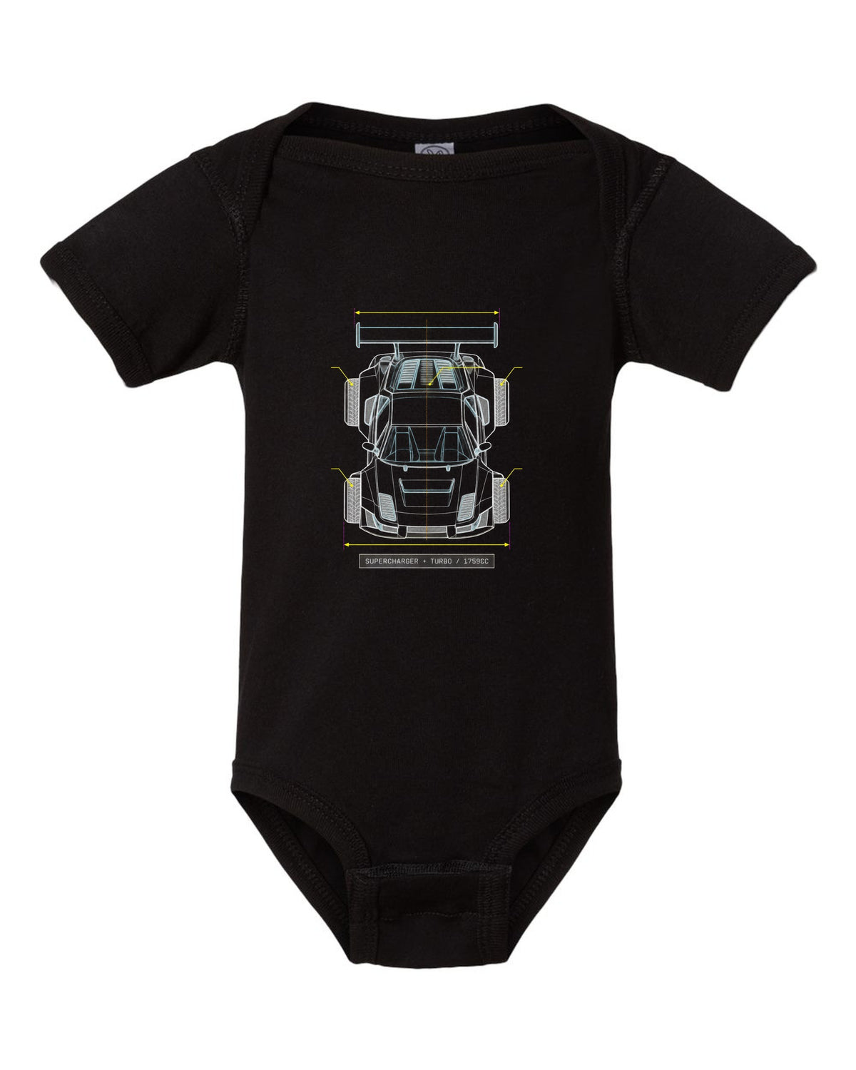 Overhead blueprint line drawing of a Lancia Delta S4 with supercharger and turbo caption black baby onesie front view with the design