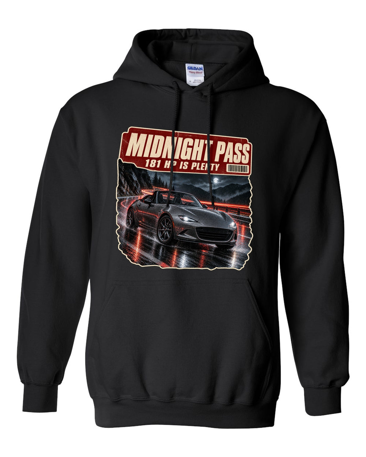 Night mountain pass scene with a 2020 Mazda MX-5 ND RF in Polymetal Grey, poster-style print black pull over hoodie front view with the design