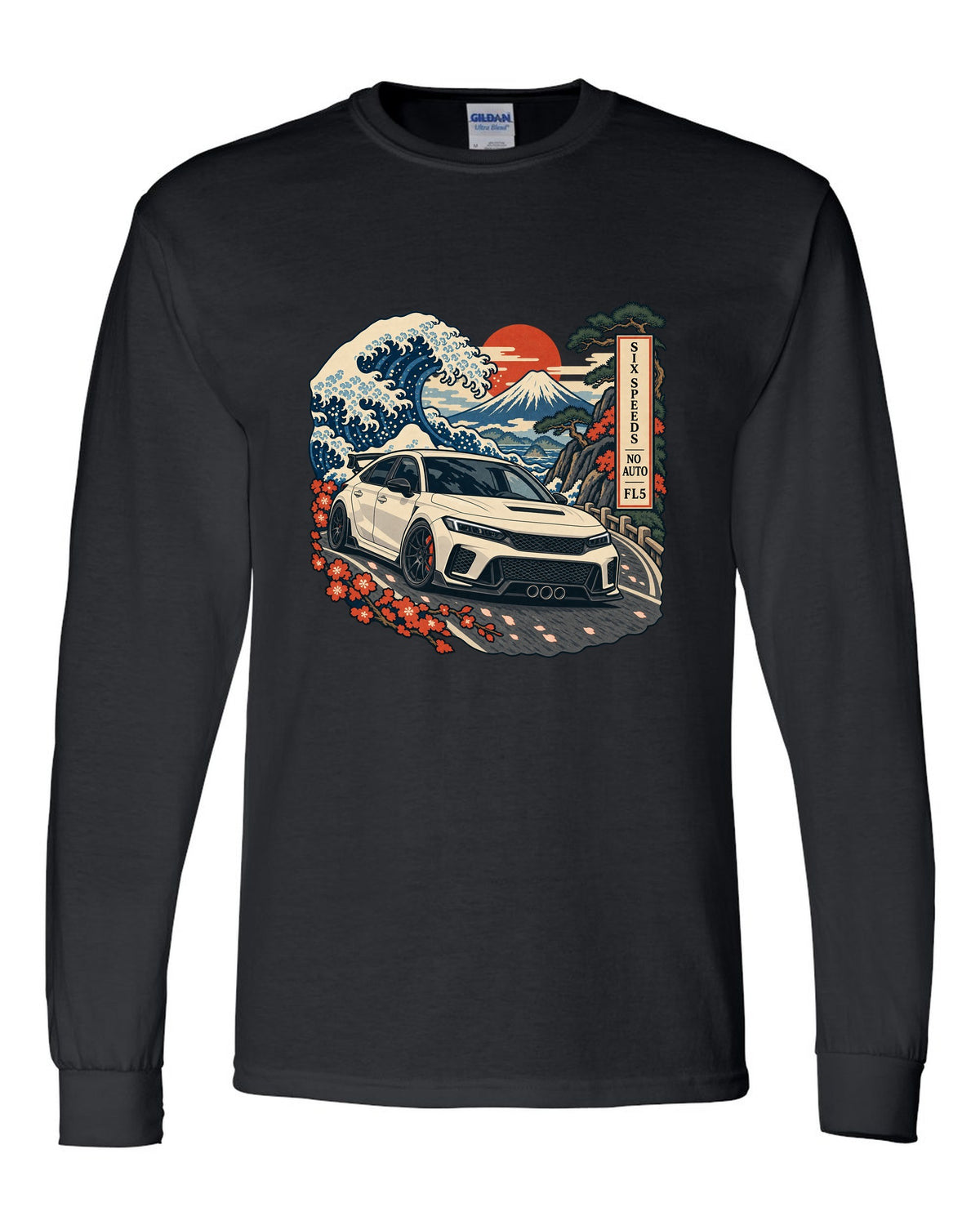 Ukiyo-e woodblock print of a 2023 Honda Civic Type R FL5 on a Fuji pass with six speeds no auto text black long sleeve front view with the design