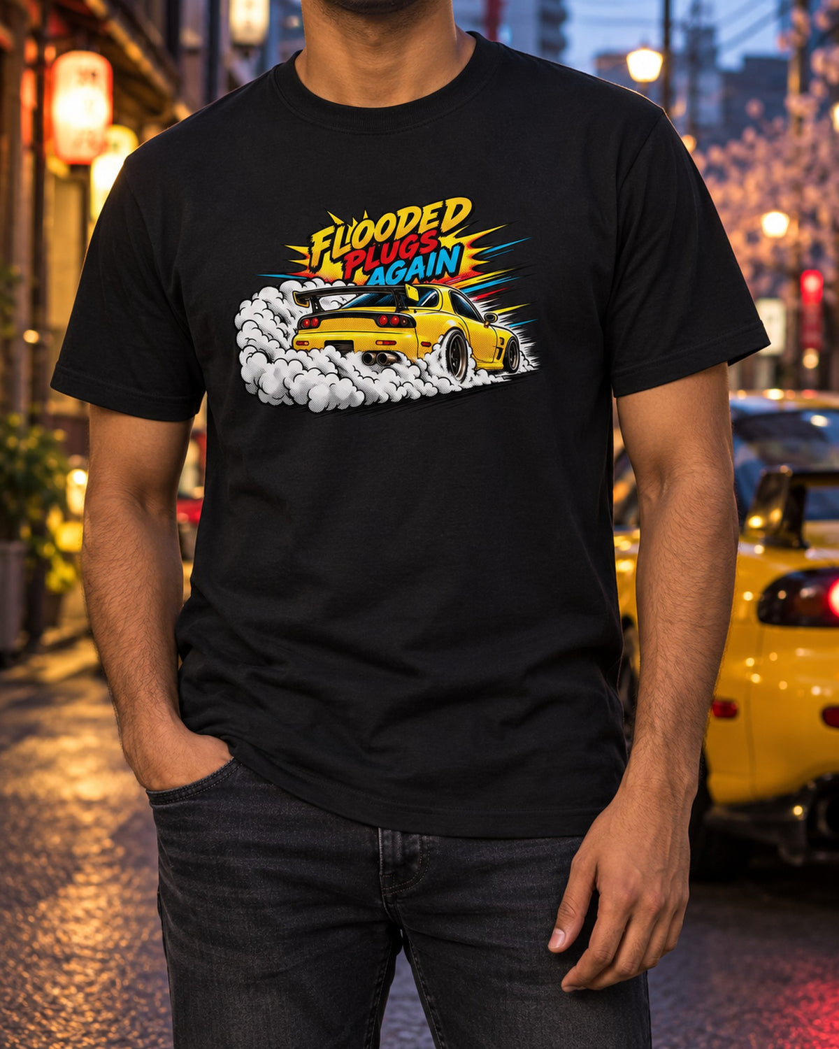 Mazda RX-7 FD3S Flooded Again Comic Pop Art Shirt T-Shirt Black worn hero